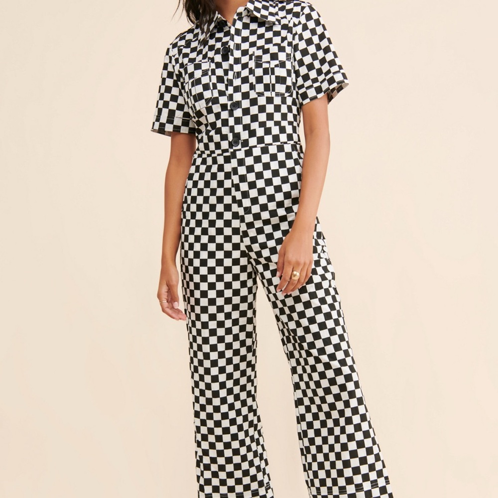Saint Geraldine Black and White Checkered Wide Leg Jumpsuit